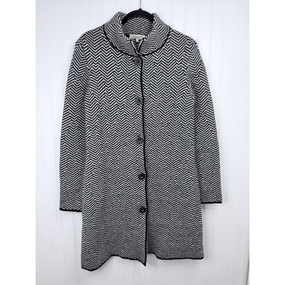 Cocogio Knit Coat Women Medium Black White Herringbone Wool Blend Italy